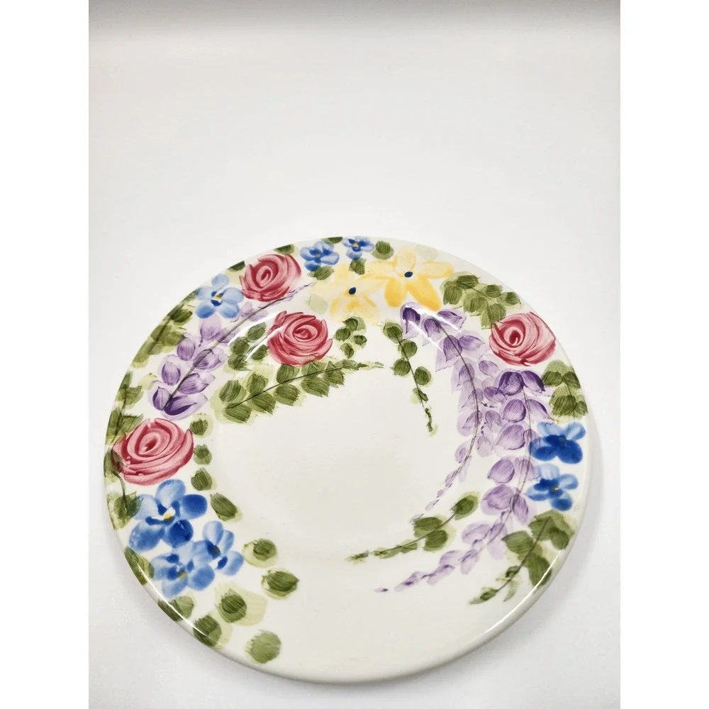 Tabletops Unlimited Valentino Hand Painted Floral Ceramic Plate Pink Rose Yellow